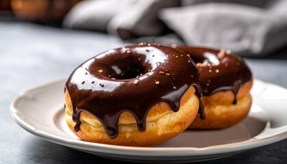 Stacked chocolate-glazed donuts with mint garnish on dark surface and sprinkled chocolate bits