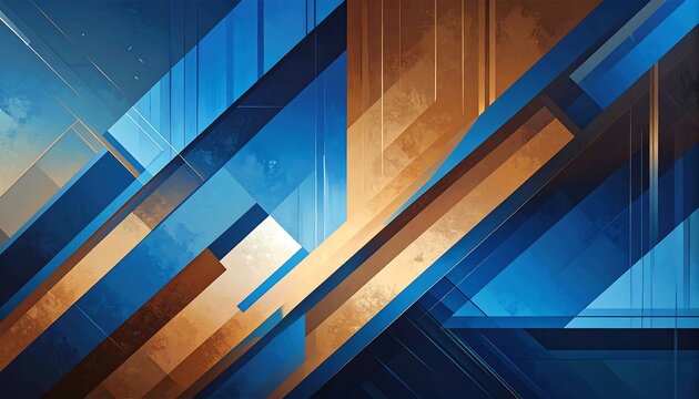 Geometric composition with layered rectangular and angled shapes. The color palette blends blue, gold, and bronze tones with subtle shading