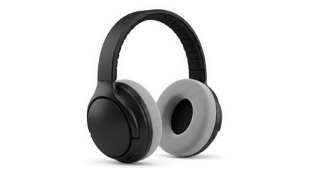 Modern black over-ear headphones with soft grey ear pads, isolated on a clean white background, representing sound, music, and audio technology. illustration