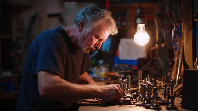 Artisan at Work: An artisan meticulously crafting, his weathered hands and focused gaze illuminated by a single, warm light bulb. The workshop brims with tools.
