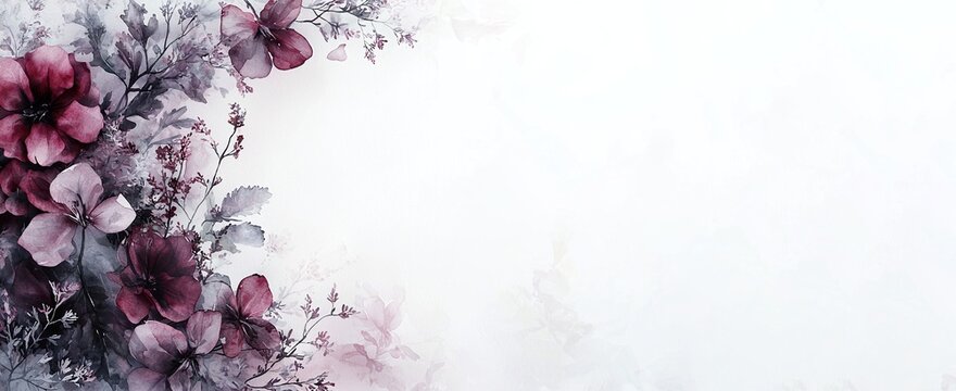 Watercolor purple flowers on white garden background. Floral spring banner template with botanical elements. Elegant pastel design for vintage wedding invitation with copy space.