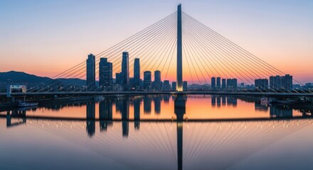 Panoramic cityscape at vibrant sunset with a grand cable-stayed bridge, illuminated urban skyline, and stunning reflections on the tranquil river surface. illustration