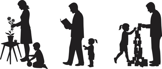 Family bonding, parenting moments, adult child interaction, silhouette illustration, caregiving, reading, playing blocks, emotional connection, nurturing, education, teamwork, love, support, growth