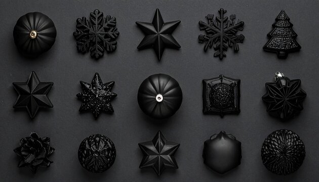 Black Christmas ornaments in grid layout on dark background with stars, trees, snowflakes, and baubles