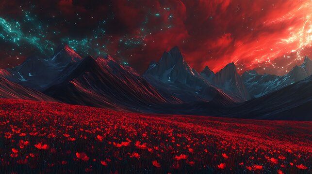 Fantasy red landscape with glowing sky and dark mountain background
