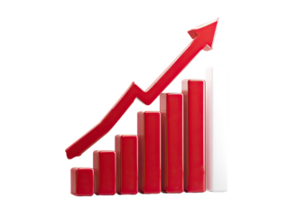 Red bar graph ascending, with a red arrow pointing up