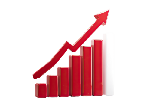 Red bar graph ascending, with a red arrow pointing up - Powered by Adobe