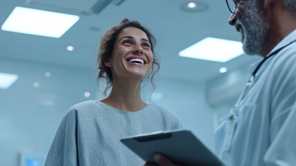 Patient shows happiness during a consultation in a bright medical clinic environment