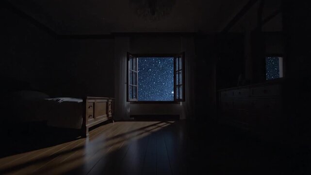 View of the starry night sky through a window from a dark bedroom with a bed