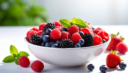 White bowls of fresh berries with mint garnish in soft-lit kitchen setting and scattered fruit accents