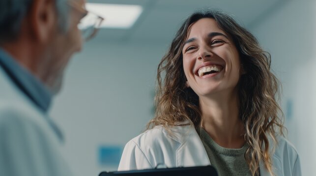 Patient expresses joy during a cheerful conversation with doctor in a bright hospital hallway