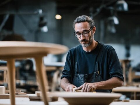 Crafting Excellence: A focused artisan meticulously shapes a wooden creation in a workshop, showcasing dedication and skill.