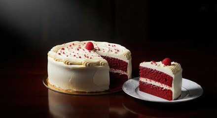 A rich red velvet cake with creamy white frosting, garnished with a fresh raspberry and red crumbs, presented whole with a perfectly cut slice on a plate. illustration