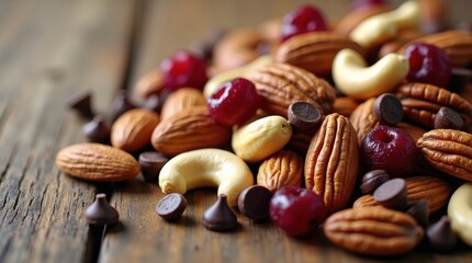 Healthy mixed nuts and dried fruit on rustic wooden surface