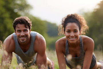 Cheerful couple having fun while exercising in nature.