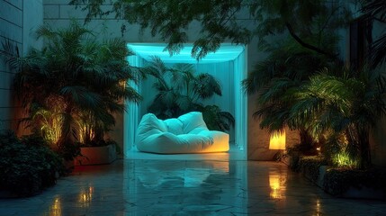 A serene outdoor seating area featuring a plush white bean bag chair surrounded by lush tropical plants and illuminated by warm and cool ambient lighting.