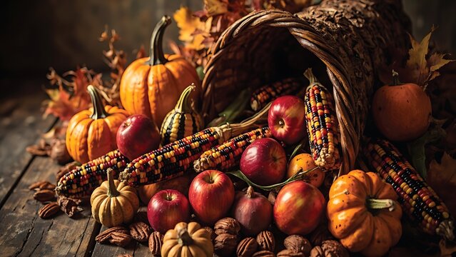 Abundant fall cornucopia with pumpkins, apples, nuts, and Indian corn