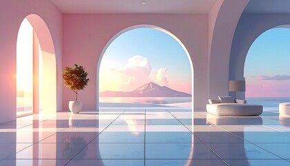 Modern architectural interior with arched openings framing a scenic landscape