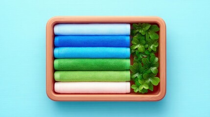 Rolled up towels in shades of blue, green, and pink are arranged in a wooden tray next to vibrant green leaves, set against a light blue background.