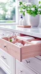 A bathroom drawer organizer holds cotton pads, makeup brushes, and towels, with a window and flowers in the background.