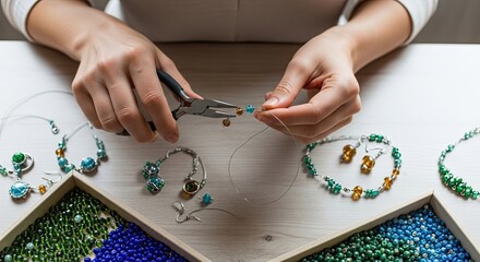Creative Hands Crafting Beautiful Beaded Jewelry with Tools and Materials