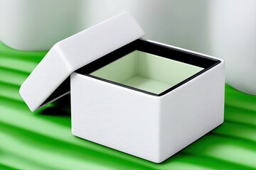 An open white box with a light green interior sits on a bright green surface with wavy lines.