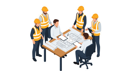 Professional team collaborating on blueprints and project plans in a modern office setting, planning construction success