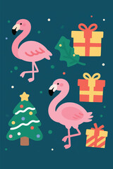 Festive vector illustration of pink flamingos with Christmas tree, gifts, and holly on dark blue background. Tropical holiday theme with playful winter elements.