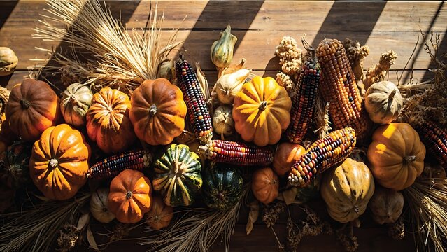 Overhead display of pumpkins, Indian corn, and hay on rustic wood table