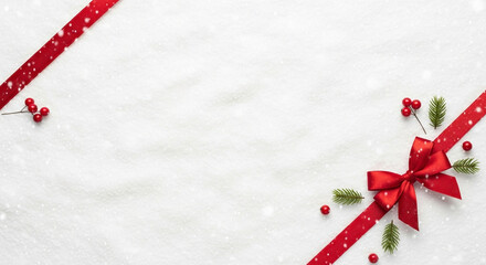 Elegant red ribbon bow adorns snowy background with festive holly berries and pine sprigs, perfect for holiday promotions and winter greetings.