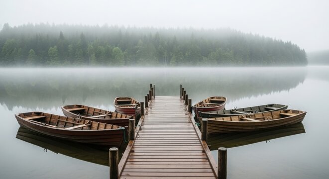Wooden pier extending into a serene, misty lake at dawn, with traditional rowboats gently moored, reflecting a tranquil forest and fog illustration