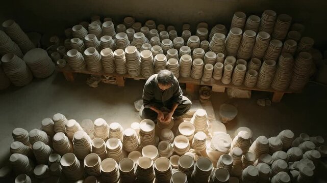Ceramist's Craft: A skilled craftsman sits in the heart of his workshop, surrounded by a multitude of unique pottery pieces. With focused concentration, he meticulously refines a vessel.
