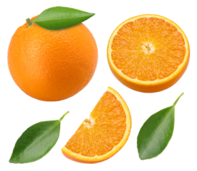 Orange fruit with leaves, halves and pieces isolated, transparent PNG, PNG format, cut out
