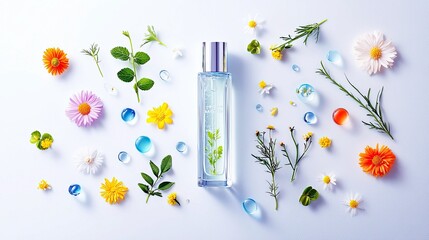 A clear perfume bottle with green sprigs inside is artfully arranged with various small flowers, leaves, and water droplets on a soft blue surface.