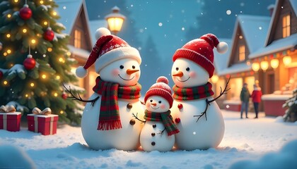Obraz premium Charming snowman family celebrates joyful winter holiday scene with festive Christmas tree and cozy village lights