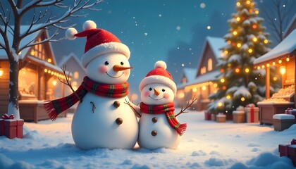 Obraz premium Two cheerful snowmen with Santa hats and scarves stand happily in a festive, snow-covered village square decorated with Christmas lights and trees.