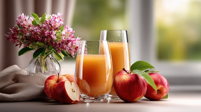 Fresh apple juice in glasses with red apples