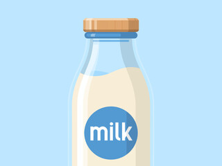 A classic glass milk bottle with a wooden cap is illustrated, representing freshness and simplicity often associated with dairy and wholesome products.