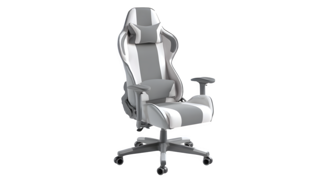 Minimalist white-and-gray gaming chair with contour design, isolated on white background