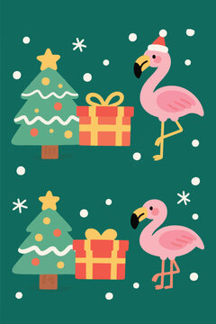 Vector illustration of festive flamingos with Christmas tree and gifts in spot-the-difference layout. Tropical holiday puzzle design with snowflakes and green background.