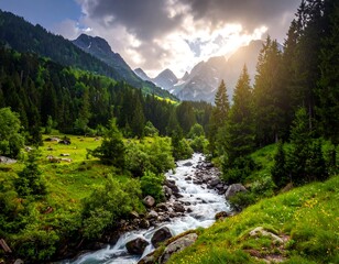 Mountainous landscape with lush green valley and a flowing river