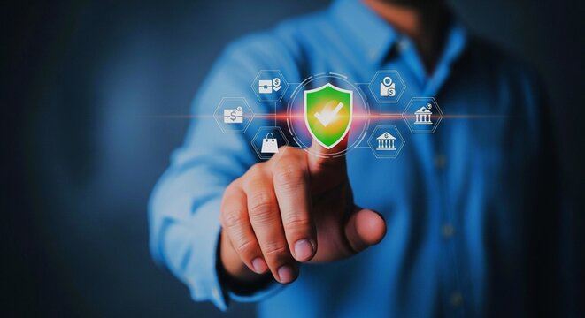 Businessman pointing at a glowing green shield icon on a virtual interface, symbolizing cybersecurity and data protection.