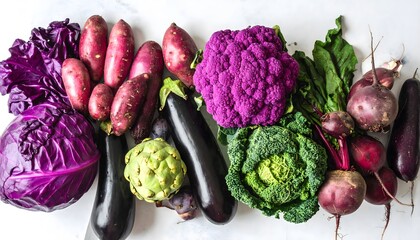 Fresh purple vegetables flat lay on white marble. Organic mix of red cabbage, cauliflower, eggplant, and beets for healthy antioxidant diet concepts.