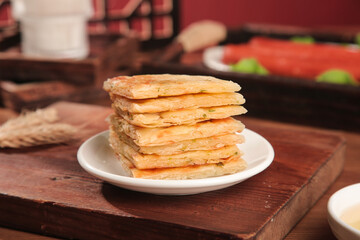 Handmade Scallion Pancakes Stack on Wooden Board - Traditional Asian Food Photography