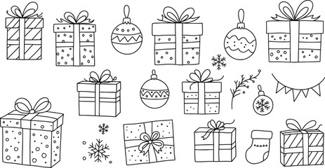 PrintHand drawn Christmas gifts and decorations with ornaments, snowflakes, and festive doodles, black and white holiday celebration illustration design