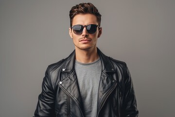 Obraz premium Stylish Man in Leather Jacket and Sunglasses Fictional Character Created By Generative AI