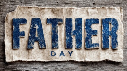The words "FATHER DAY" are spelled out in textured blue letters on a piece of crumpled brown paper, laid over a rustic wooden background.