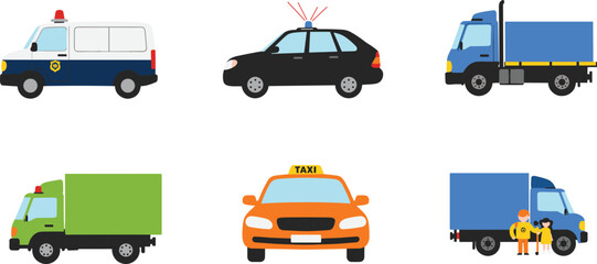 PrintIllustrated police cars, cargo trucks, emergency vehicles, taxi cab, delivery truck with workers, transportation service icons in colorful flat design vector set © Creatives World