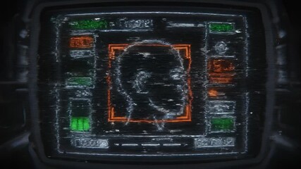 Sci-fi HUD targeting a human silhouette on a monitor. Futuristic surveillance interface with flickering data and glitch animation - Powered by Adobe
