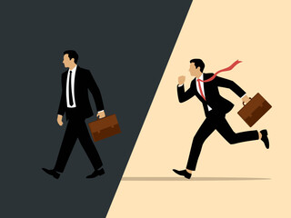 The contrasting image of a man walking and another running signifies the urgency and determination often seen in the business world and corporate culture.
